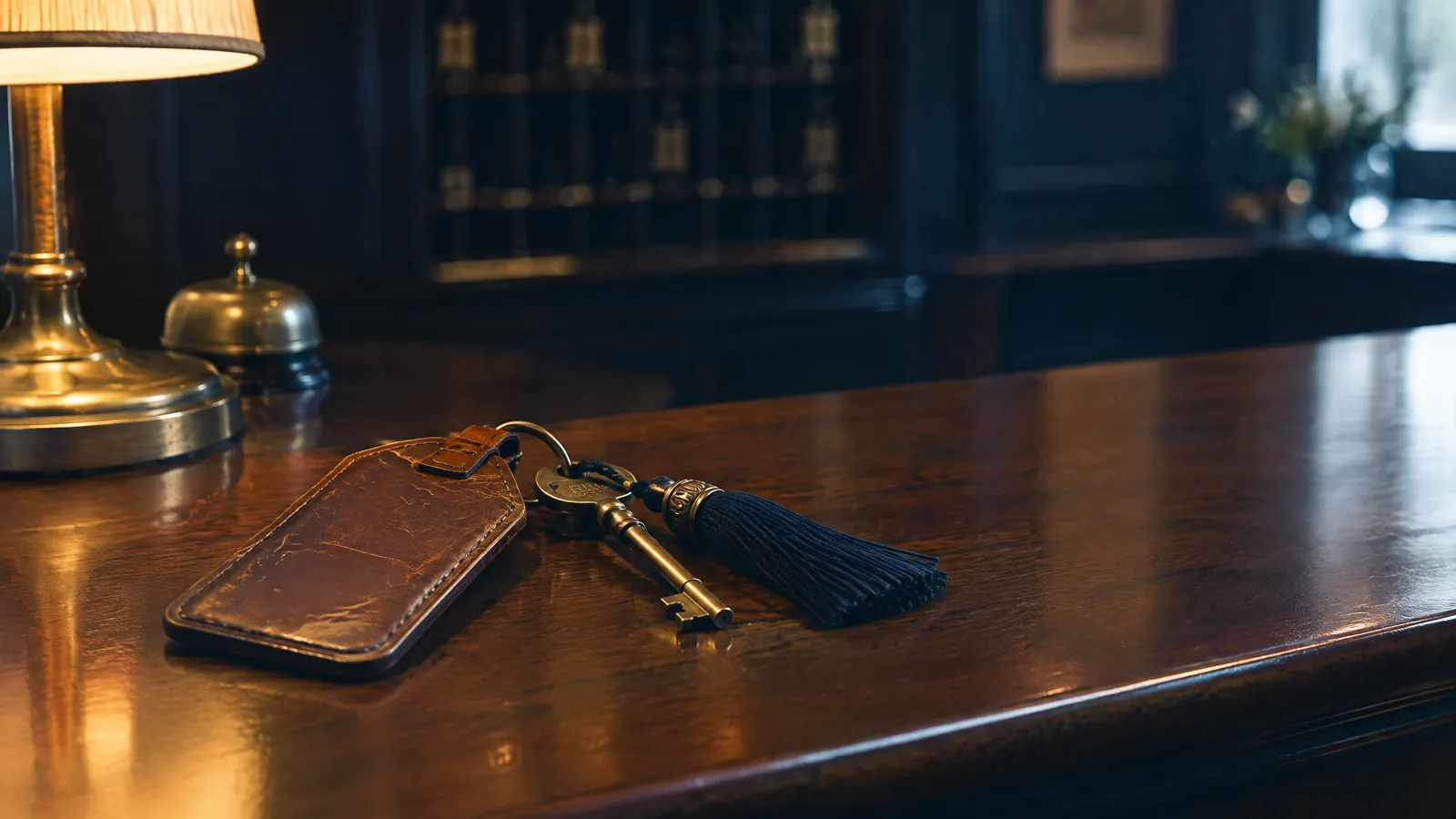 Room keys on a leather fob left on a hotel reception desk under a lamp