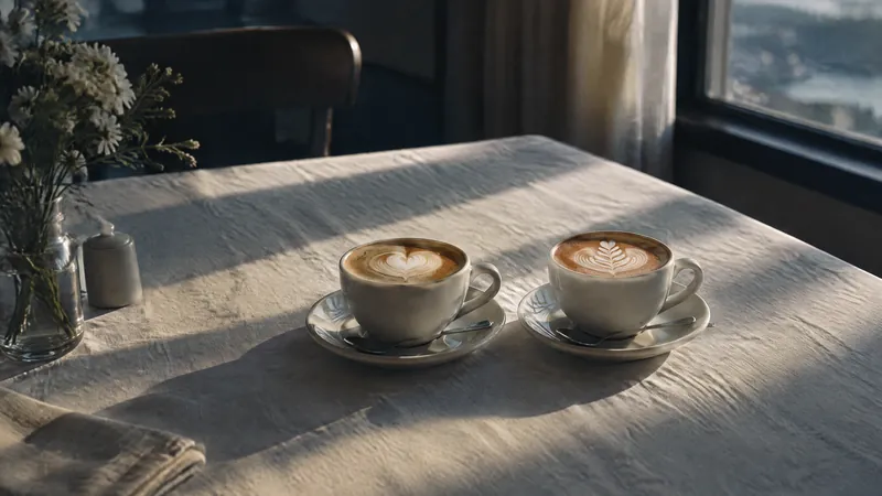 Two cups of coffee on a linen-covered table beside a window