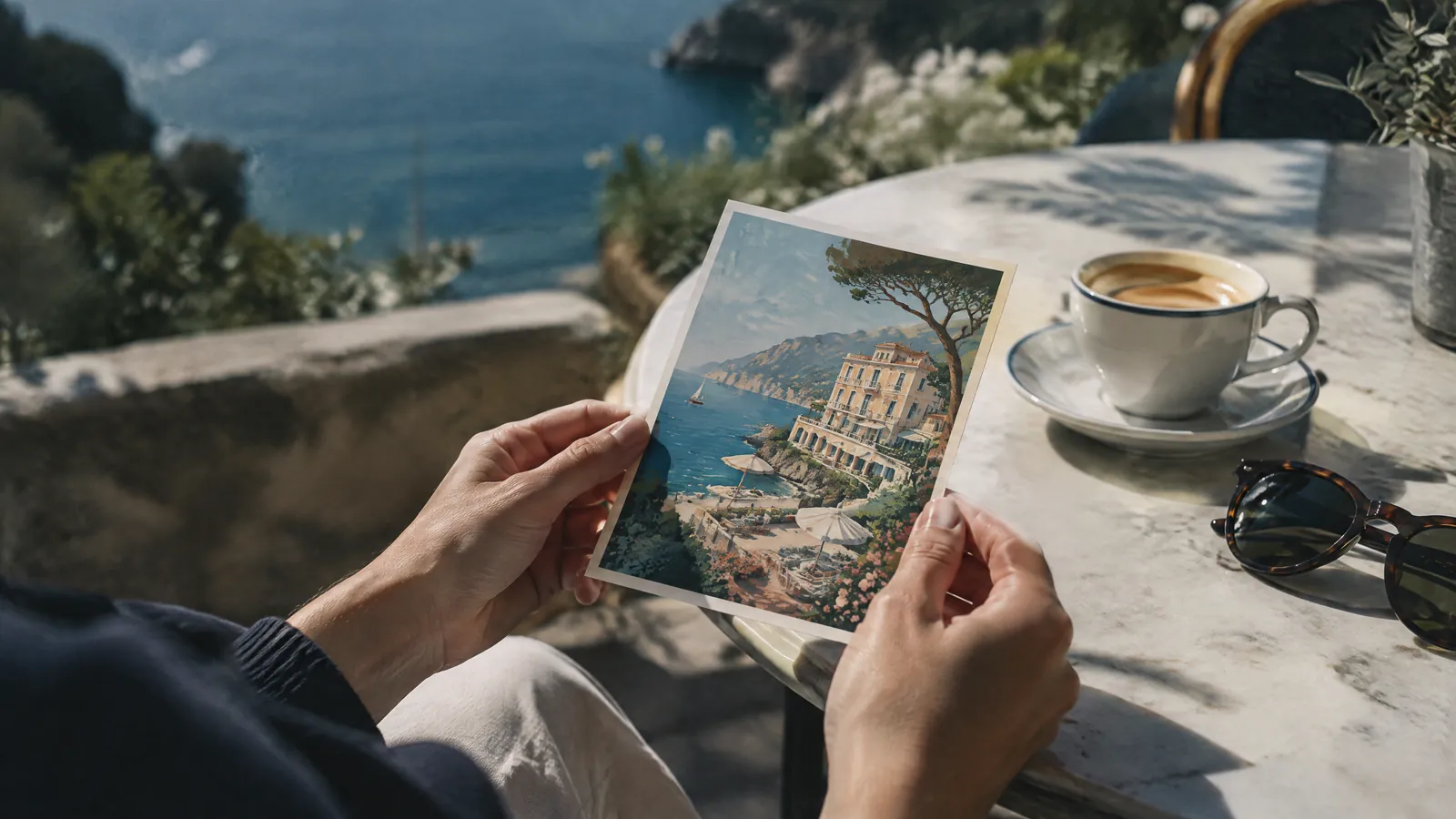 Hands holding a postcard at a marble table above a coastal view