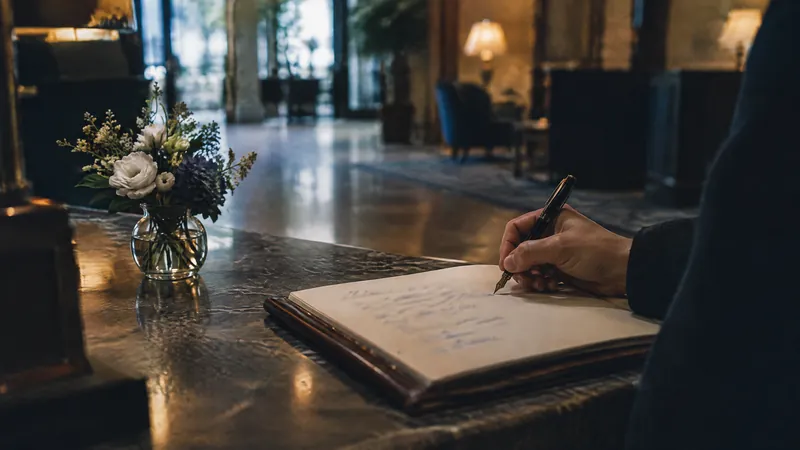 Hand signing a guest book on a hotel reception desk beside flowers