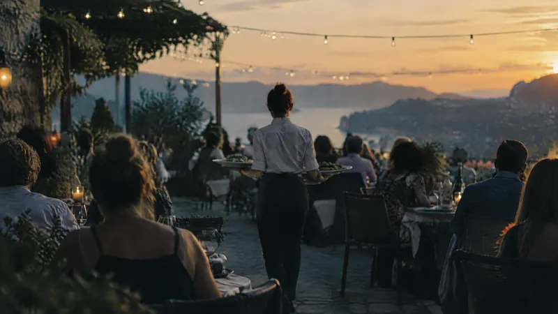 Waiter carrying plates across a terrace of diners at sunset