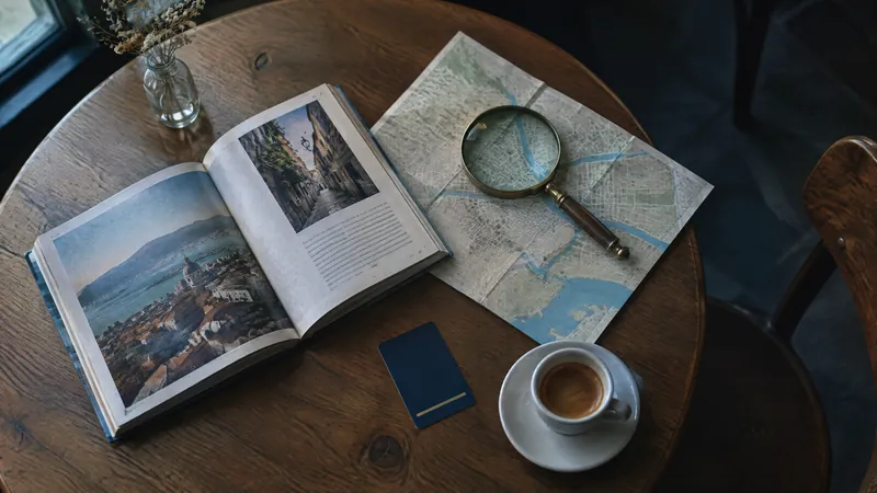Open travel book, map and magnifying glass on a table with coffee