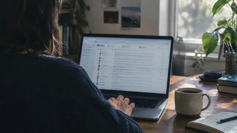 Person working through an inbox on a laptop at a sunlit desk