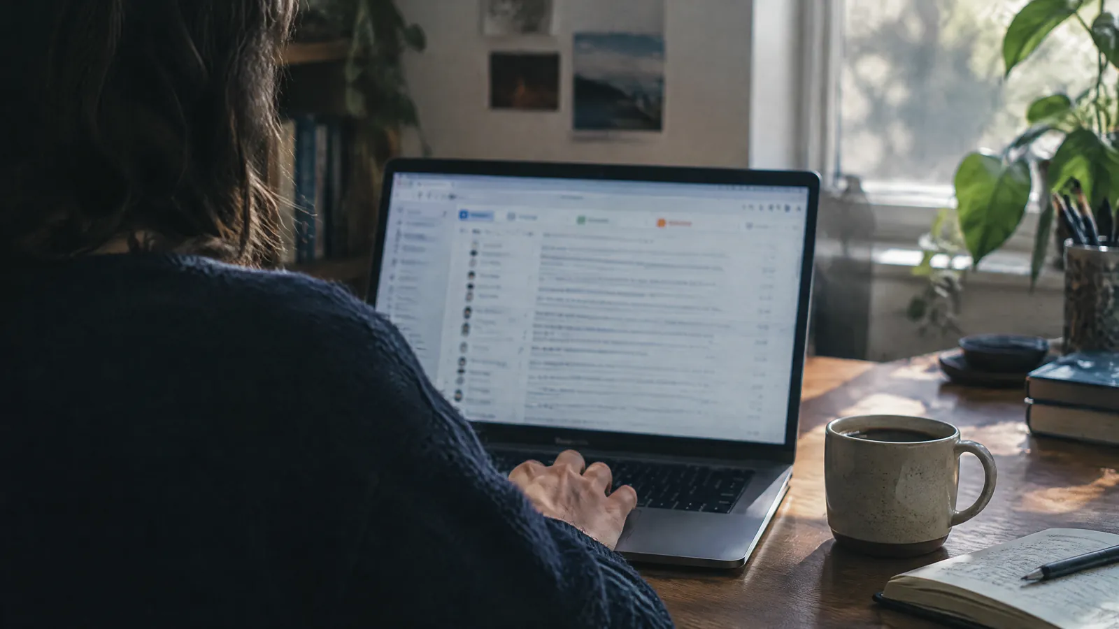 Person working through an inbox on a laptop at a sunlit desk