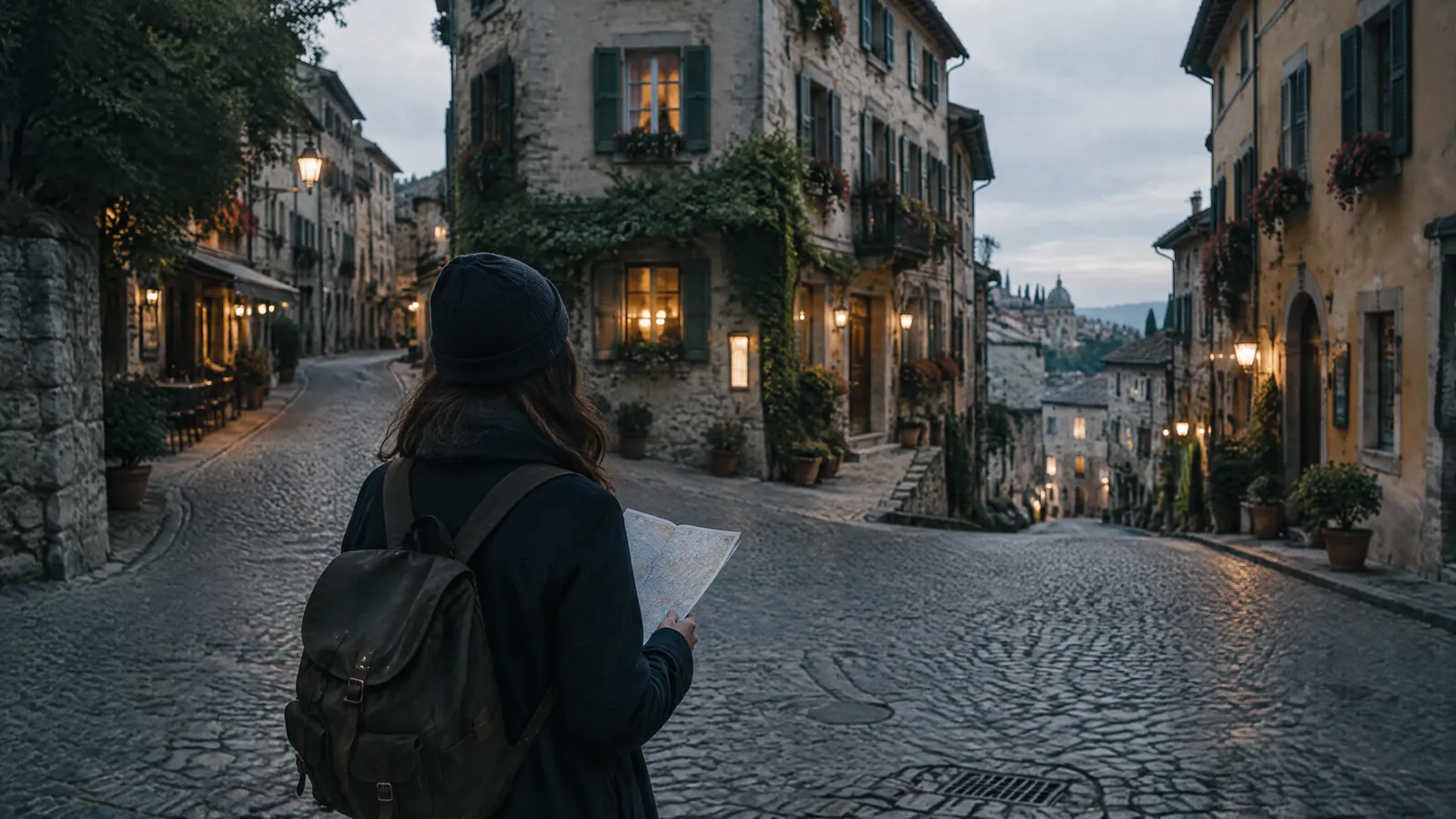Traveller with a backpack walking a cobbled street of an old hill town