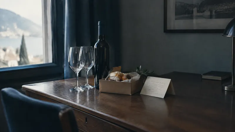 Wine glasses, a bottle and a card on a desk beside a window