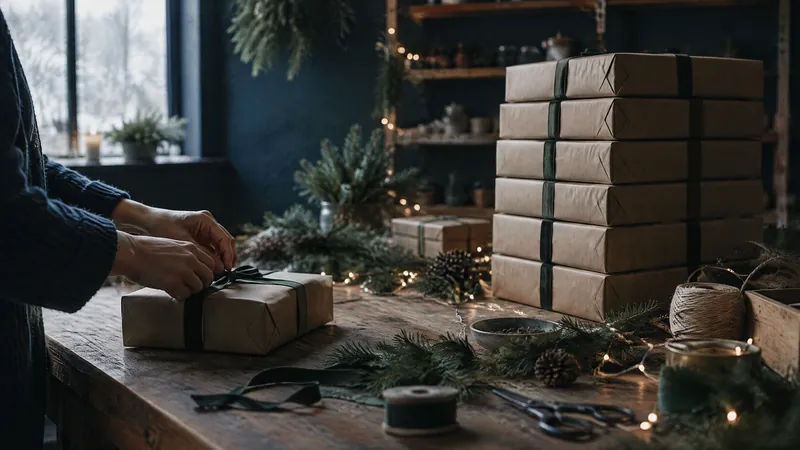 Hands tying string on stacked parcels at a table strewn with pine and twine