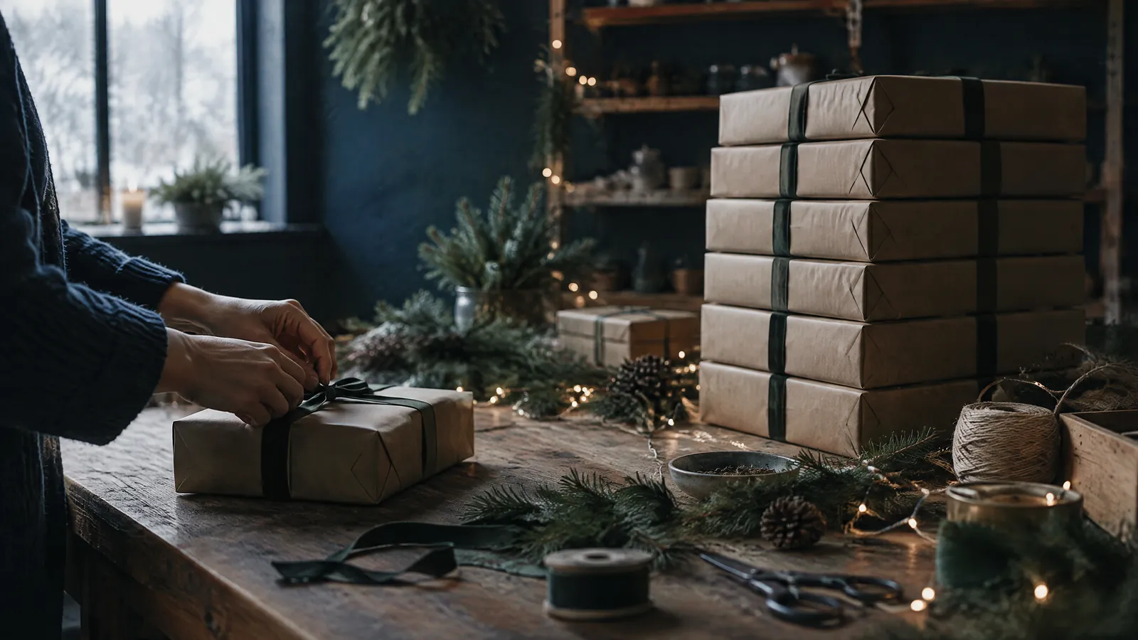 Hands tying string on stacked parcels at a table strewn with pine and twine