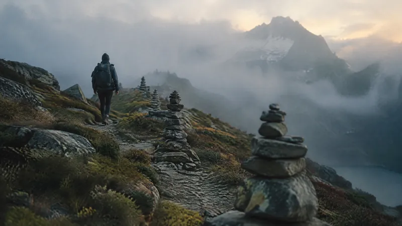Hiker climbing a misty mountain path past stacked cairns