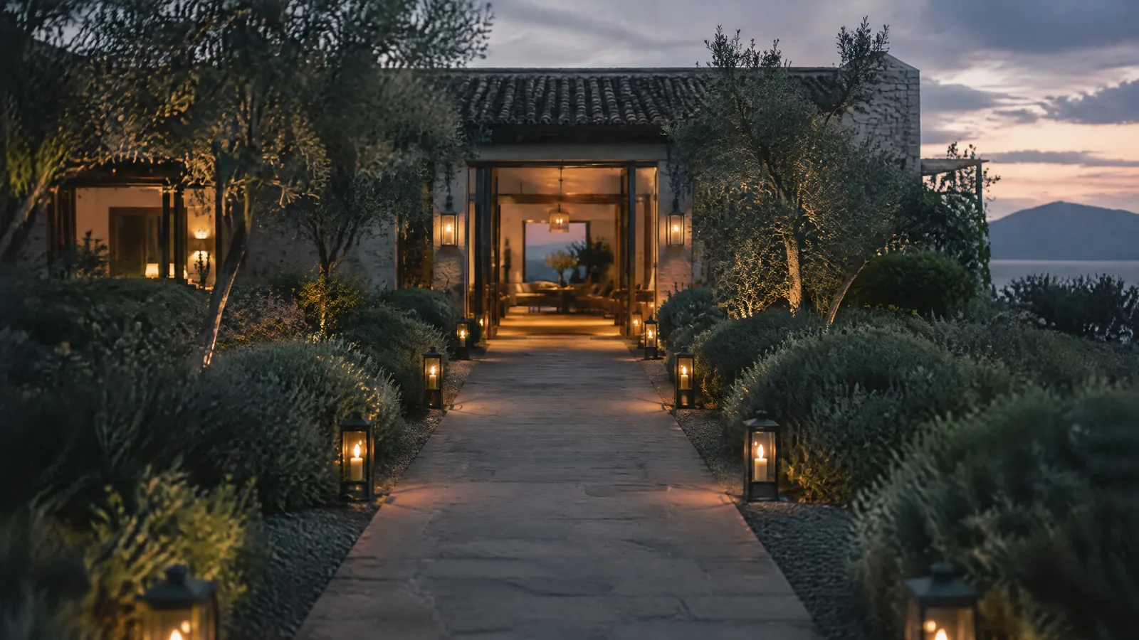 Lantern-lit garden path leading to a villa entrance at dusk