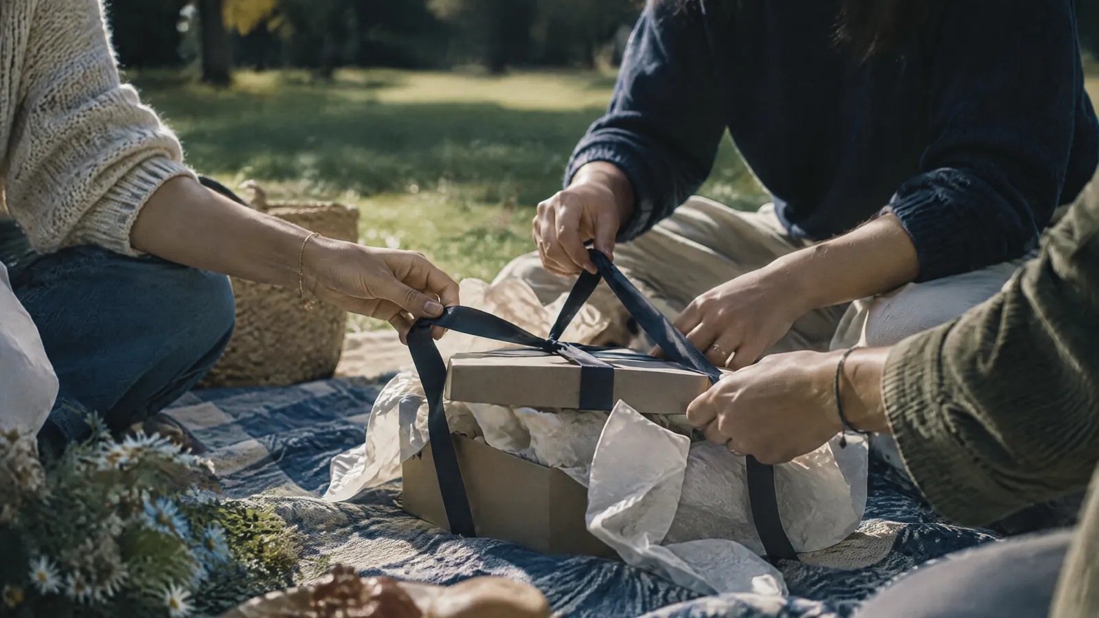 Hands unwrapping a picnic hamper on a rug on the grass
