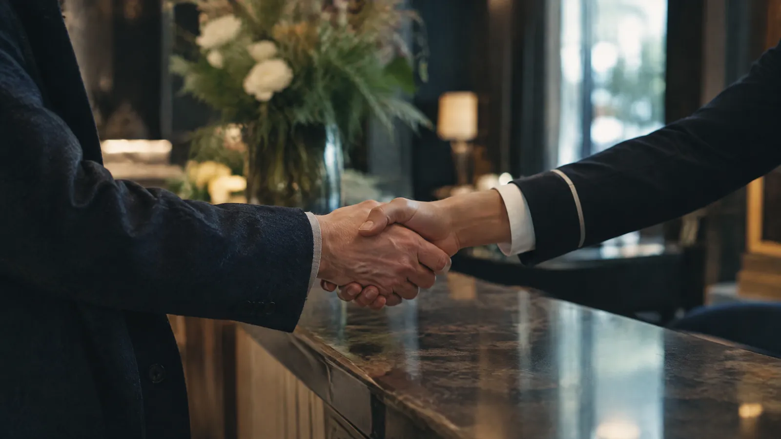 Two people shaking hands across a hotel counter