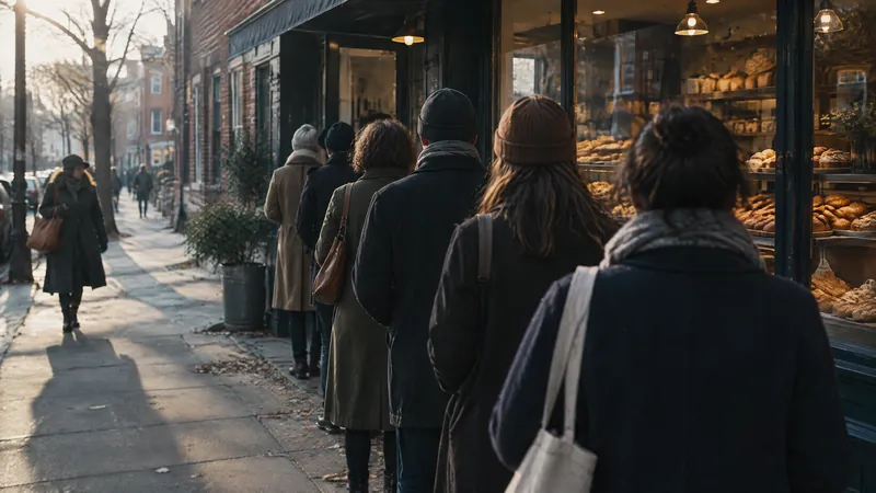 Queue of people along the pavement outside a lit bakery