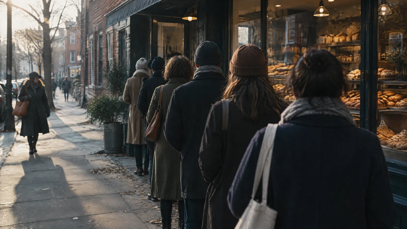 Queue of people along the pavement outside a lit bakery