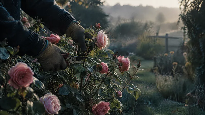 Gloved hands pruning pink roses in a frosty garden