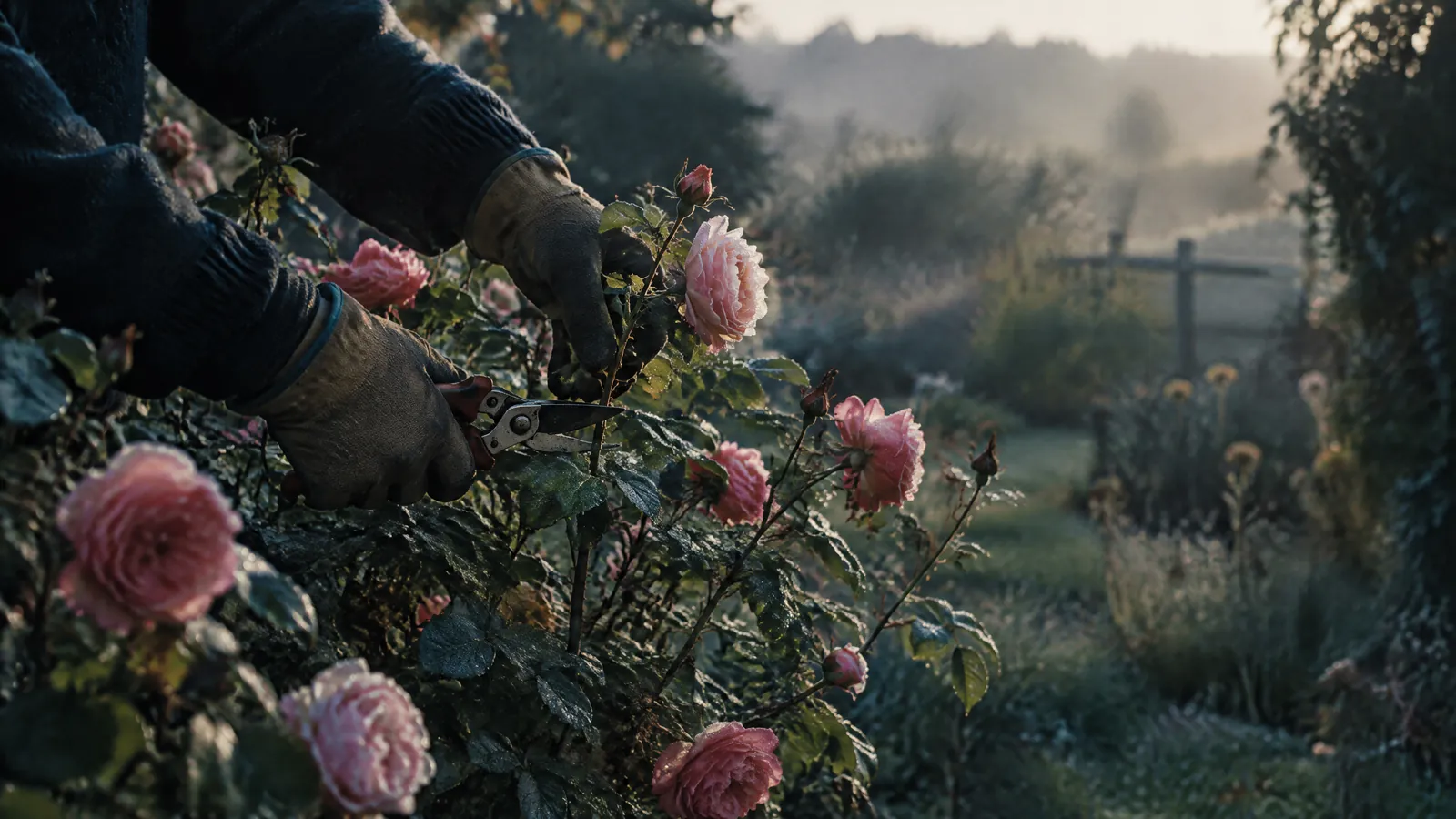 Gloved hands pruning pink roses in a frosty garden