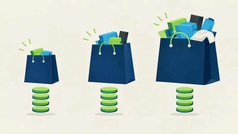 Illustration of three shopping bags of increasing fullness on stacks of coins