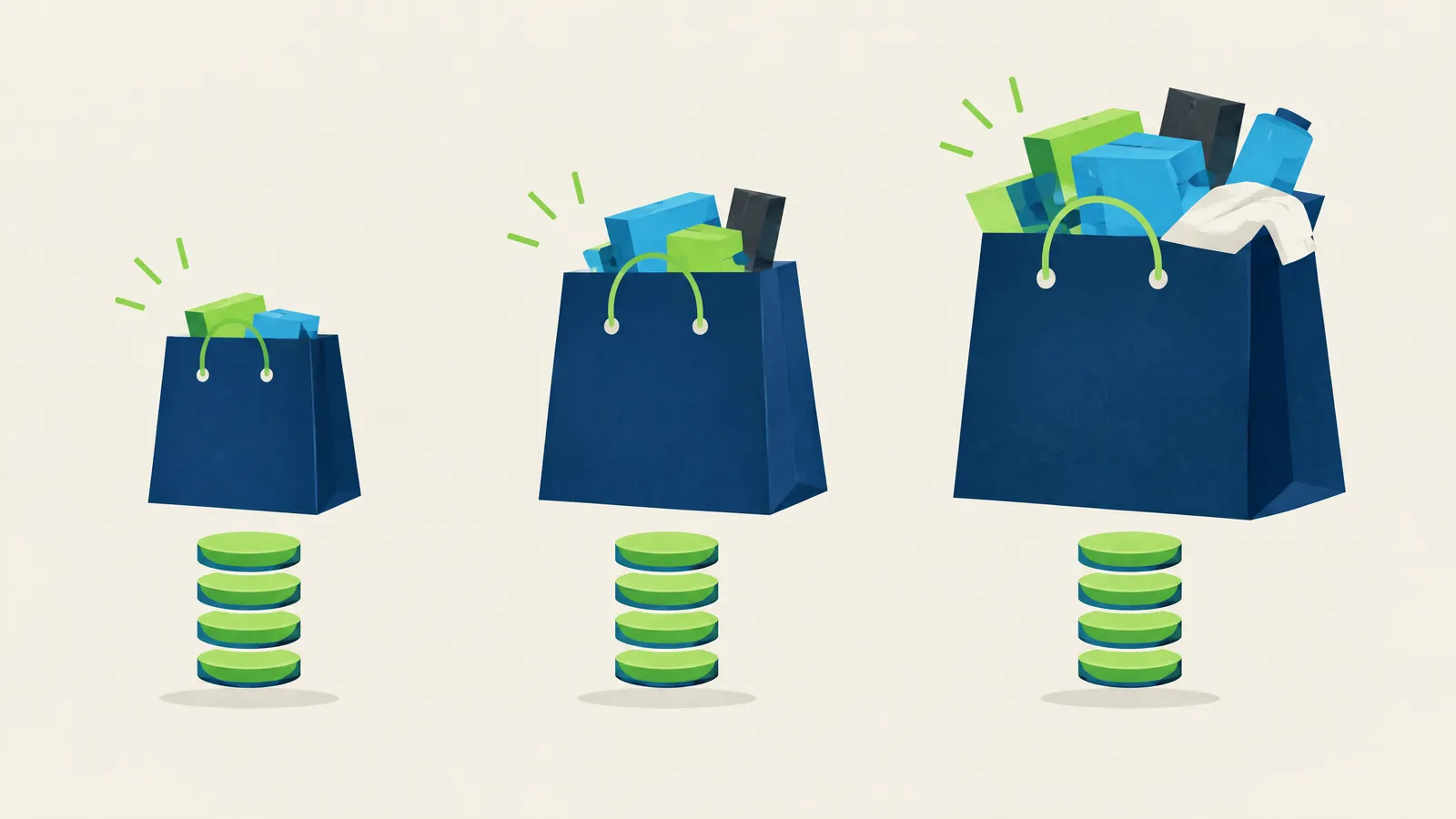 Illustration of three shopping bags of increasing fullness on stacks of coins