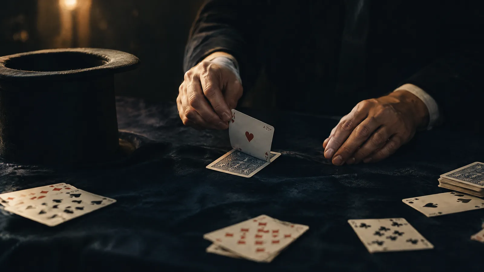 Hands dealing playing cards across a green baize table