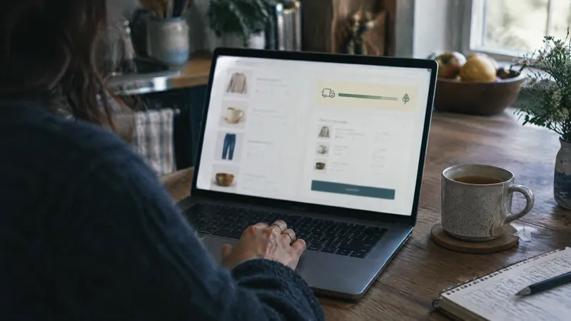 Person reviewing a shopping basket on a laptop at a kitchen counter