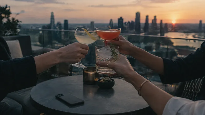 Two people clinking cocktails on a rooftop at sunset over a city