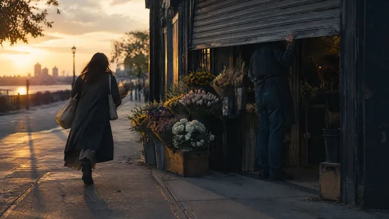 Person walking past a lit florist on a waterfront promenade at sunrise