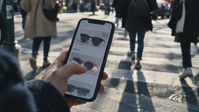 Hand holding a phone showing sunglasses while crossing a busy street