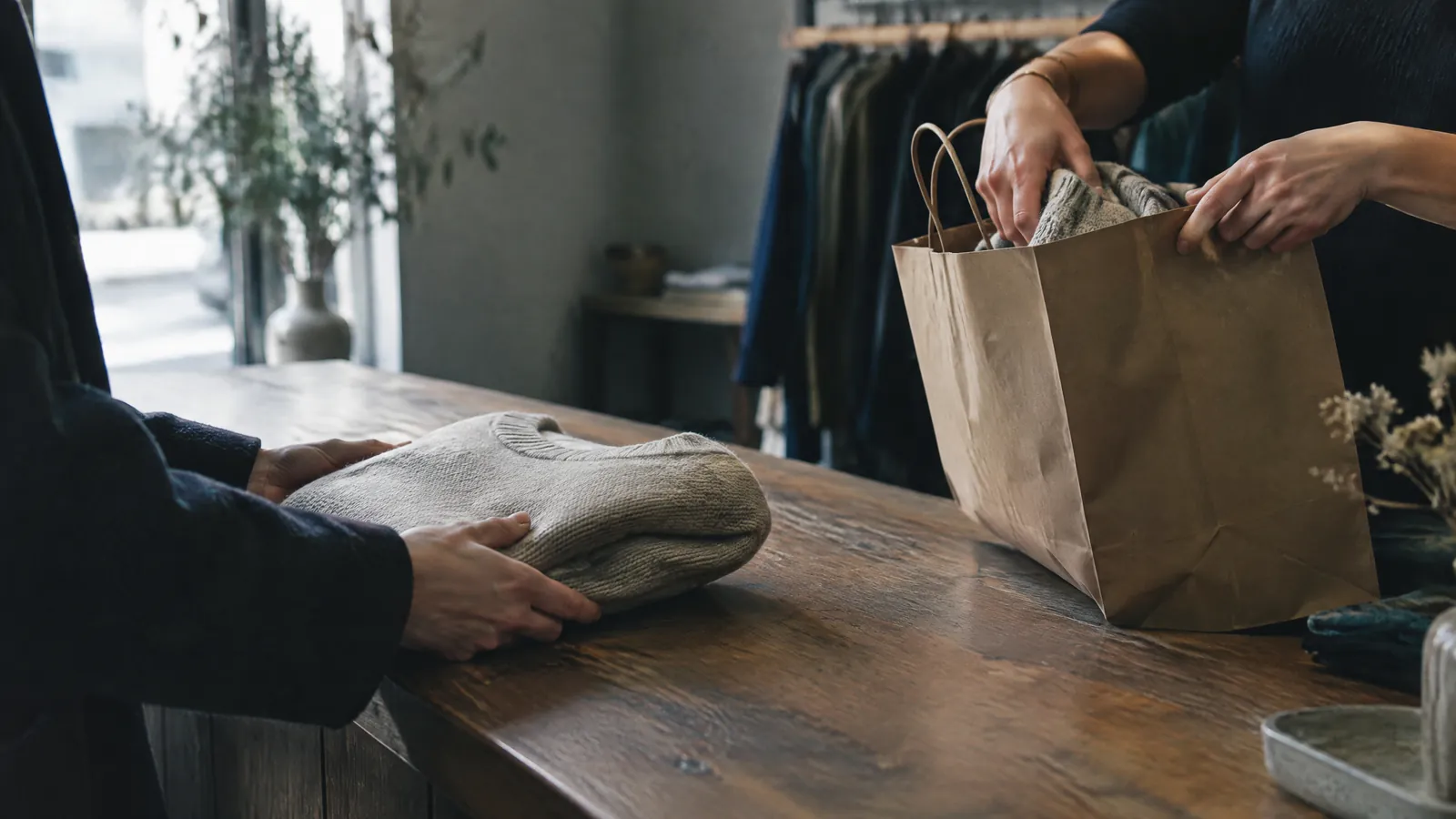 Hands packing a folded garment into a paper bag on a shop counter