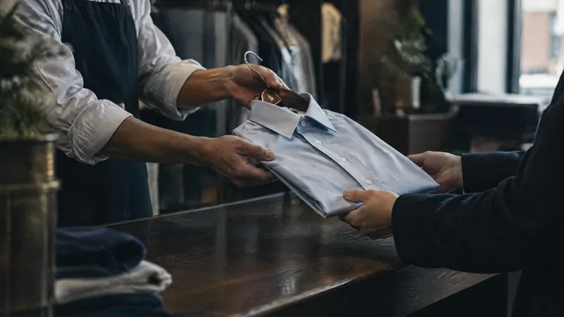 Shop assistant handing a folded shirt across a counter to a customer