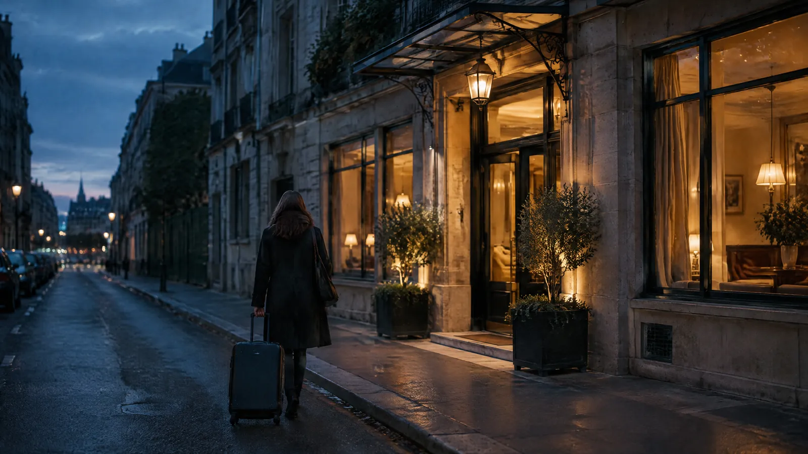 Traveller wheeling a suitcase past a lit hotel front on a wet street