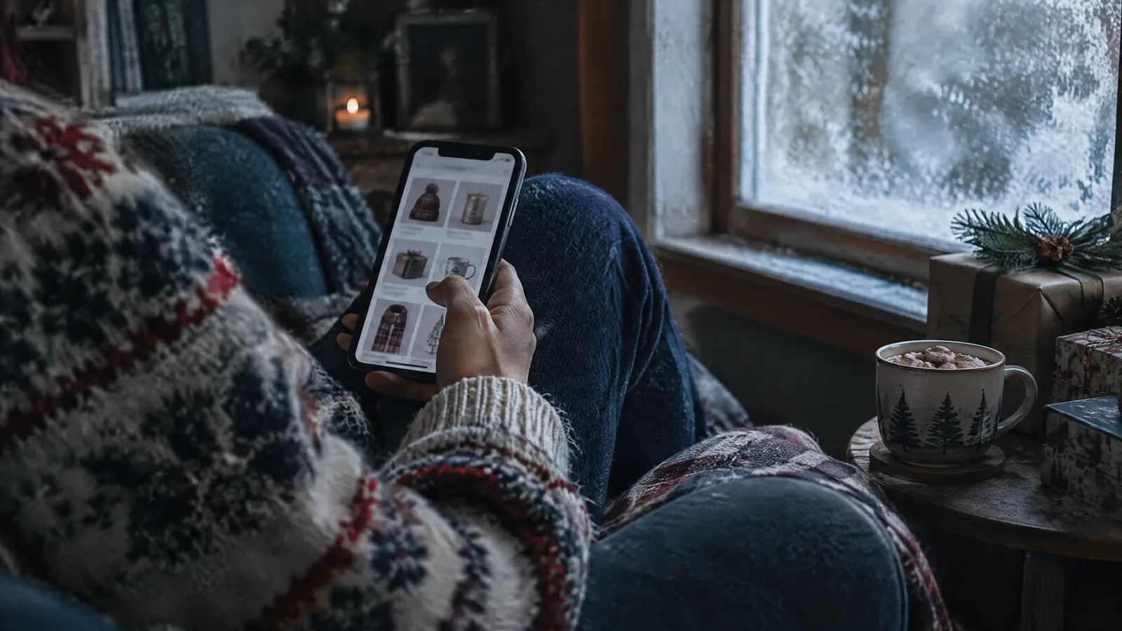 Hands holding a phone in a patterned jumper beside a mug and a frosted window