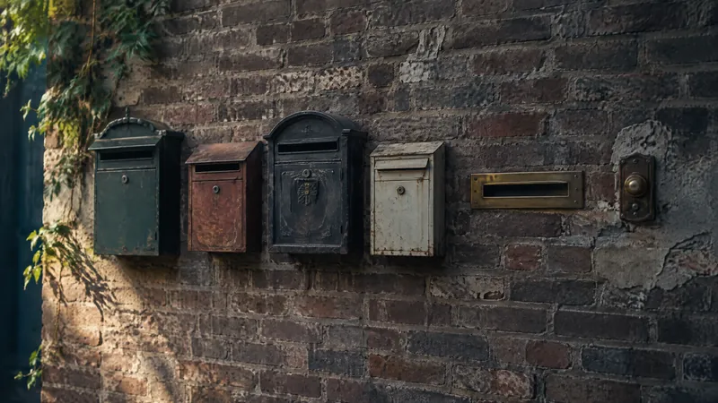 Row of weathered letterboxes on a sunlit brick wall