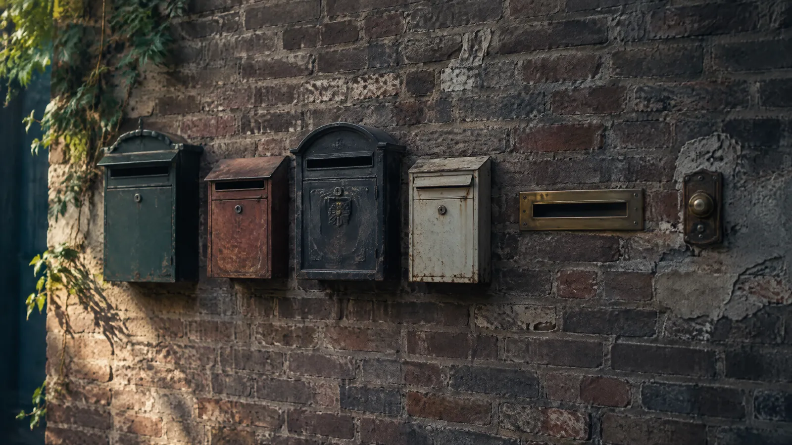 Row of weathered letterboxes on a sunlit brick wall