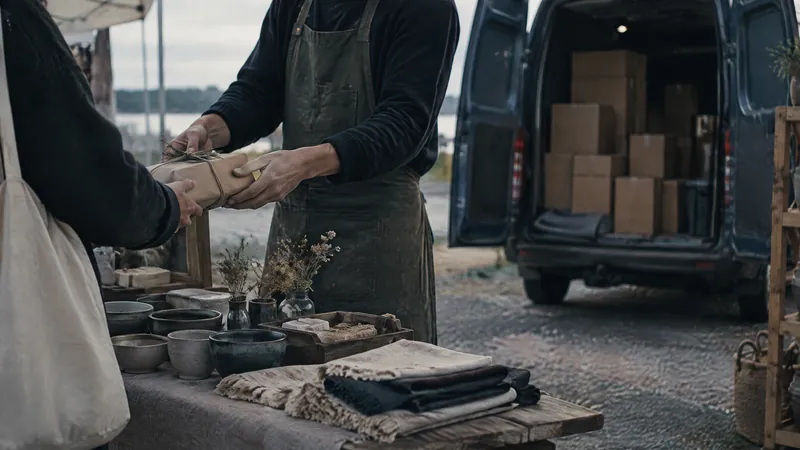 Two people loading boxes into a van beside a market stall of pottery
