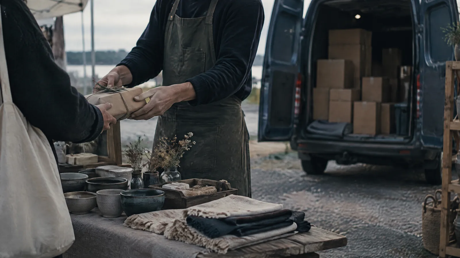 Two people loading boxes into a van beside a market stall of pottery