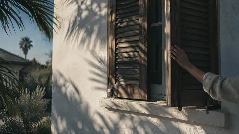 Hand pushing open a wooden shutter onto a sunlit garden