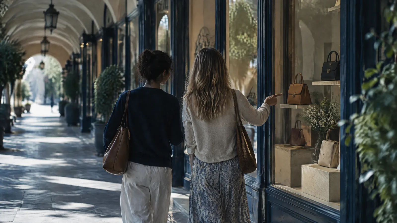 Two people window shopping along a colonnaded arcade