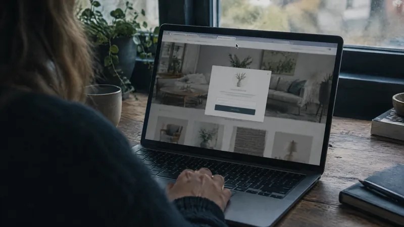 Person browsing a homeware site on a laptop at a window table