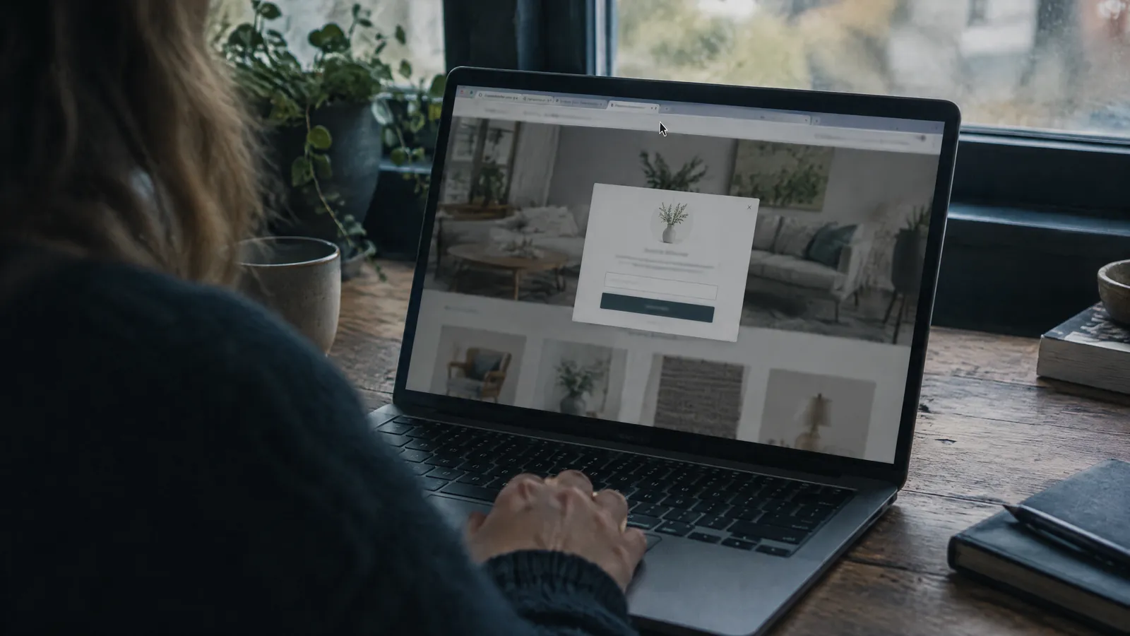 Person browsing a homeware site on a laptop at a window table