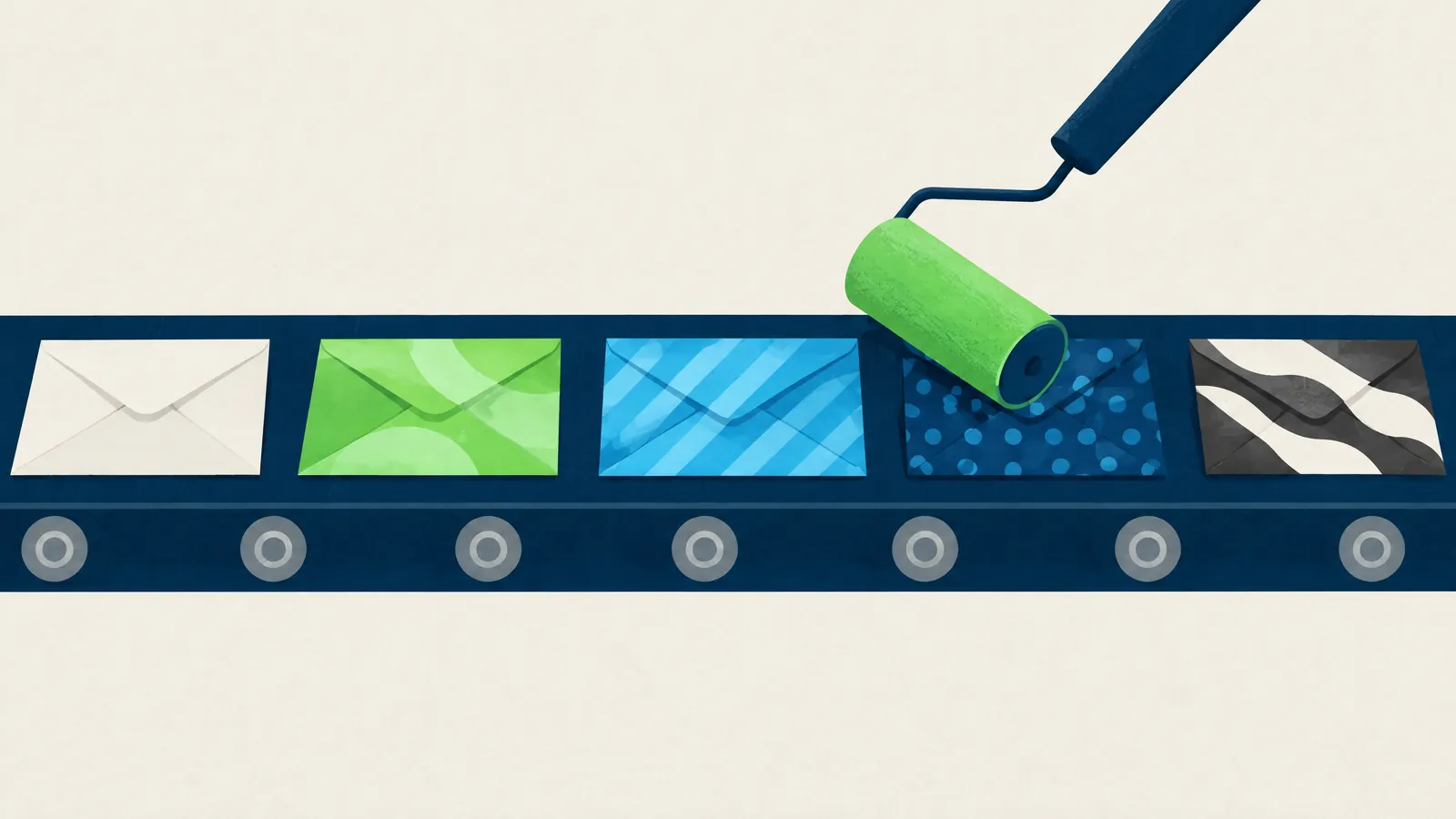 Illustration of envelopes moving along a conveyor under a paint roller