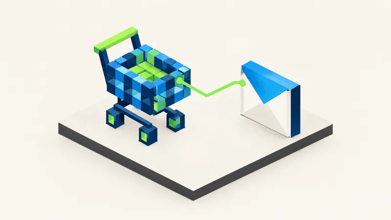 Illustration of a shopping cart wired to an envelope on a platform