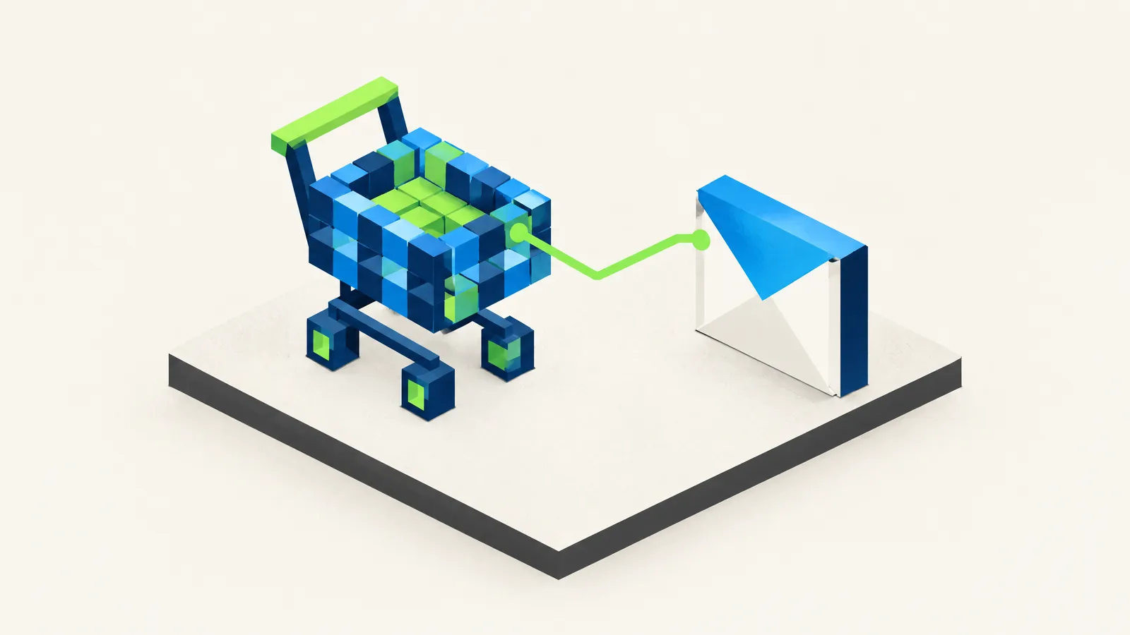 Illustration of a shopping cart wired to an envelope on a platform