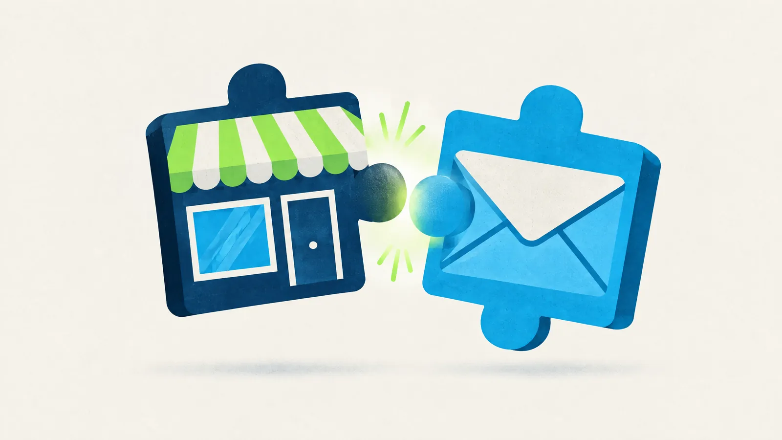 Illustration of a shop front and an envelope joined as jigsaw pieces
