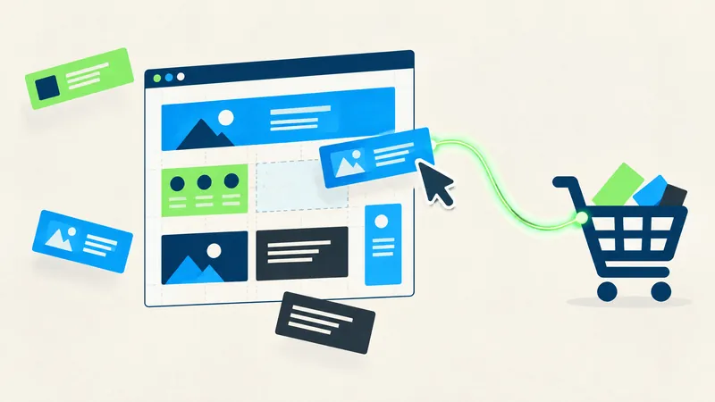 Illustration of a web page layout feeding content into a shopping cart