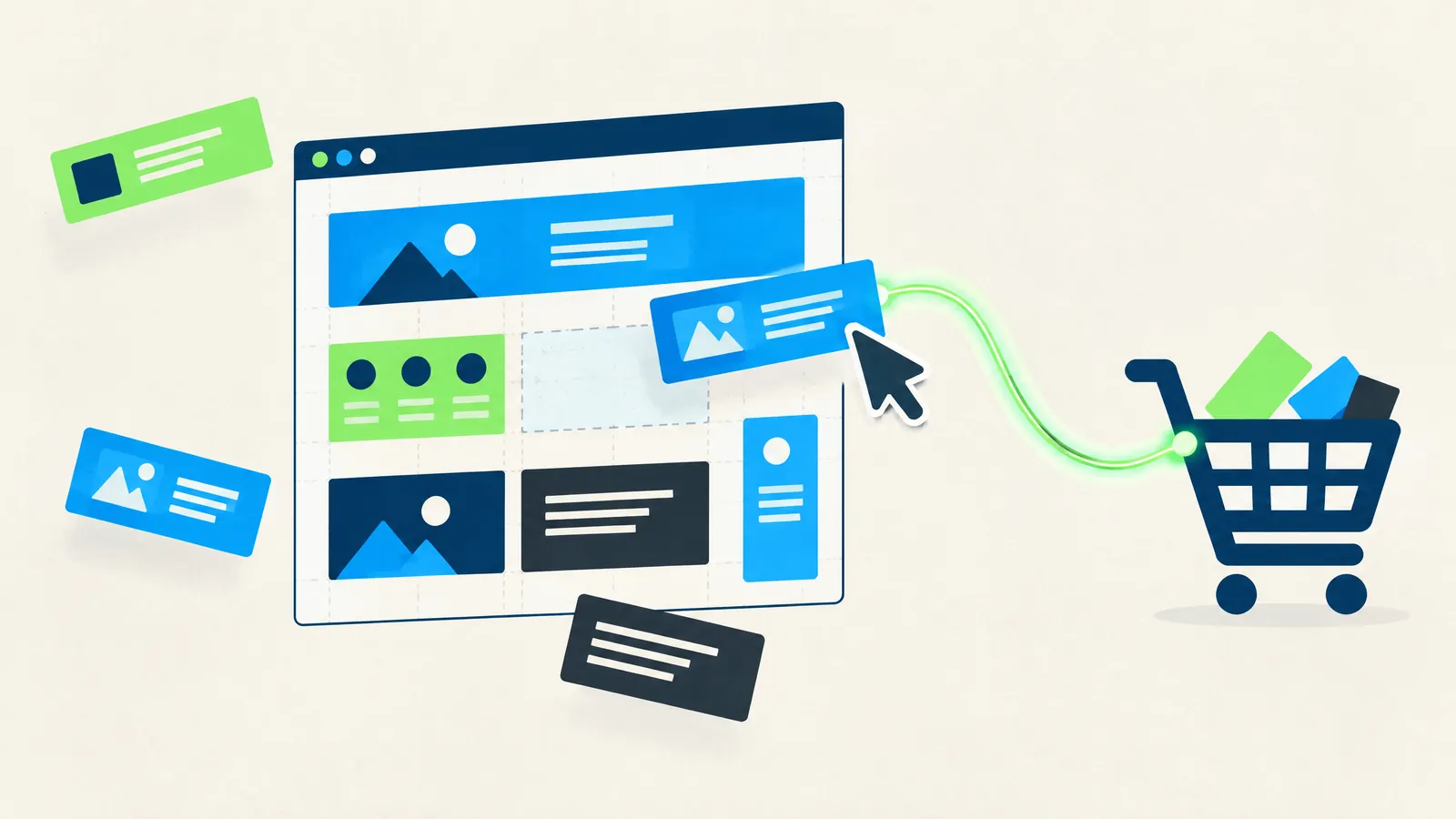 Illustration of a web page layout feeding content into a shopping cart