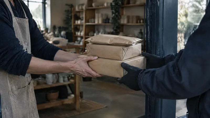Shopkeeper handing wrapped parcels to a customer at a shop door
