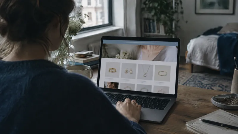 Person browsing jewellery on a laptop at a table beside a bed