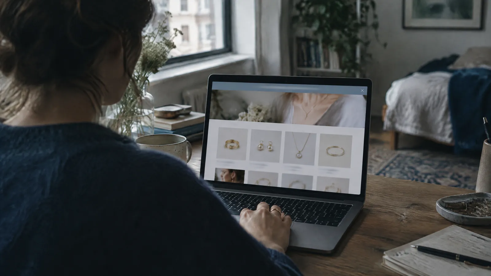 Person browsing jewellery on a laptop at a table beside a bed