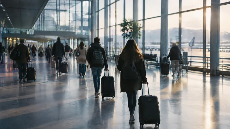 Travellers wheeling suitcases through a sunlit airport terminal