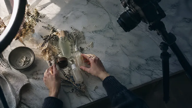 Hands styling dried flowers on marble beneath a camera on a tripod